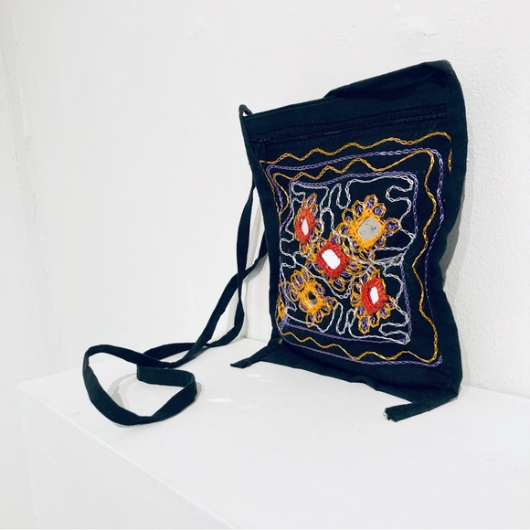 Vintage Y2K Mirrored/Embroidered Black Boho Crossbody Bag - Picture 2 of 8